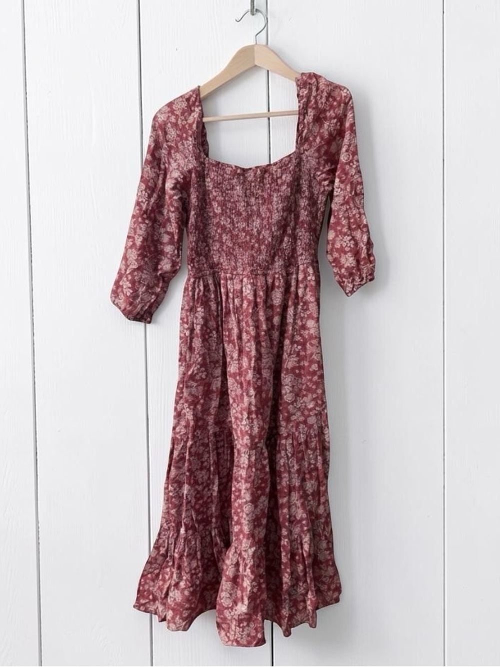 Lucky Brand Smocked Boho Peasant Floral Midi Dress in Dusty Rose 100% Cotton
